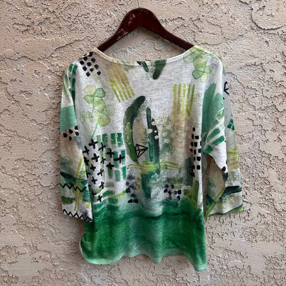Et’ Lois Art To Wear Green Abstract Print Top 100% Cotton Made In USA XL - Picture 2 of 5